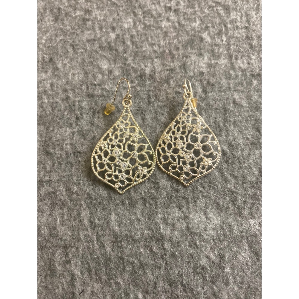 Silver Tone Floral Filigree Teardrop Drop Earrings Rhinestone Accents